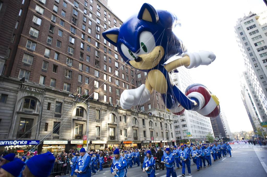 At the 2012 Macy’s Thanksgiving Day Parade, handlers keep a tight rein on the Sonic the Hedgehog balloon as it travels the parade route in New York. Macy’s says it is closely monitoring the weather after recent forecasts predicted wind gusts up to 30 mph on Thanksgiving morning during the department storeís upcoming Thanksgiving Day Parade. Based on New York City guidelines, no giant balloons will be operated if the wind gusts exceed 34 mph.