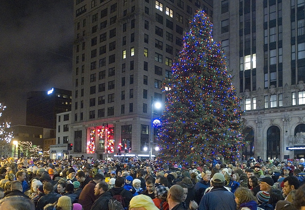 The lighting of the Christmas tree draws a crowd to Portland’s Monument Square last November. This year’s event, with music by Rick Charette, takes place at 5:30 p.m. Friday.