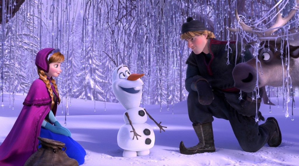 Anna, voiced by Kristen Bell, and Kristoff, voiced by Jonathan Groff, with the scene-stealing snowman Olaf, voiced by Josh Gad, in "Frozen."