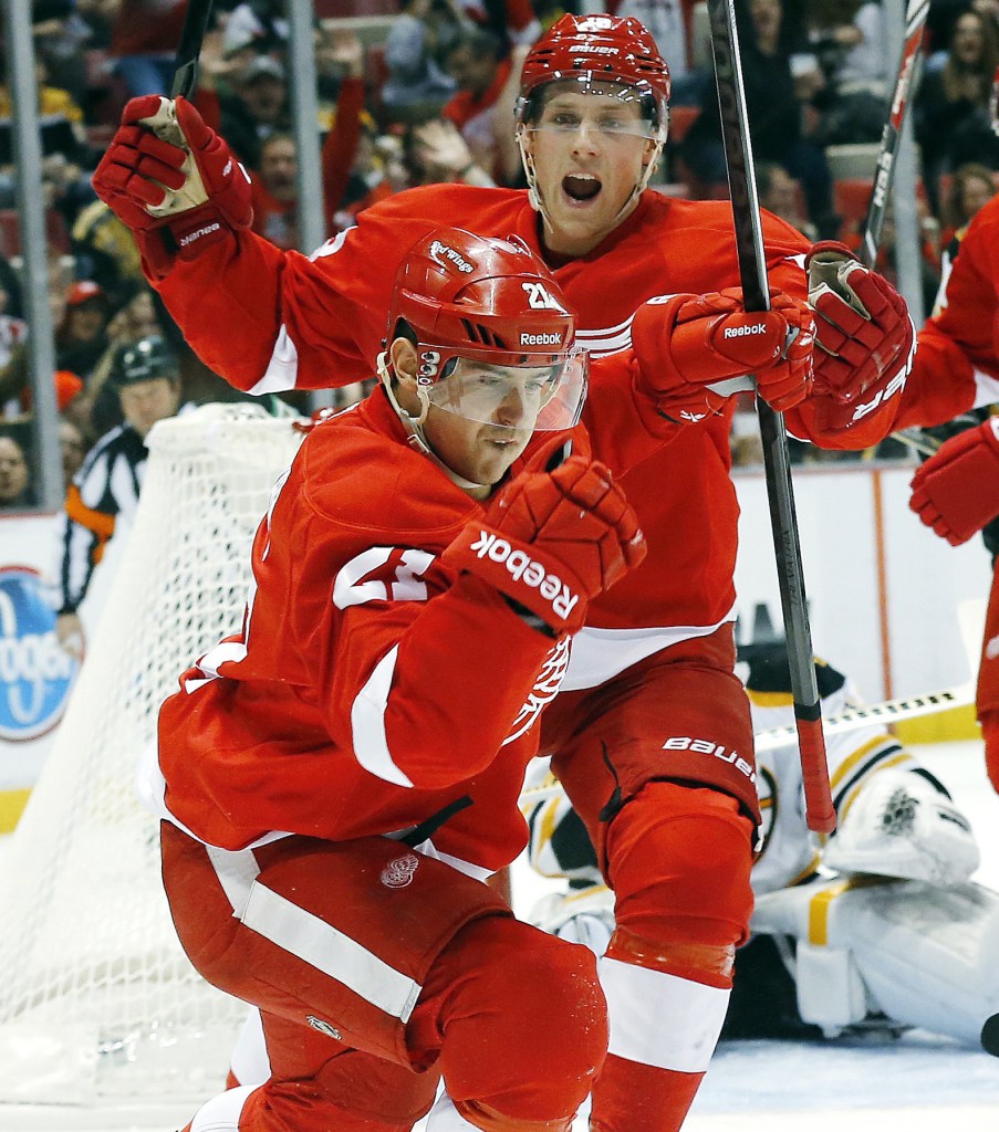 Tomas Tatar of the Detroit Red Wings celebrates a second-period goal Wednesday night – all part of the 6-1 victory against the Boston Bruins at Joe Louis Arena.