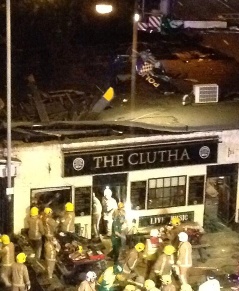 A picture taken with permission from Jan Hollands’ Twitter feed, JanHollands@Janney_h, shows the helicopter crash at the Clutha Bar in Glasgow on Friday.
