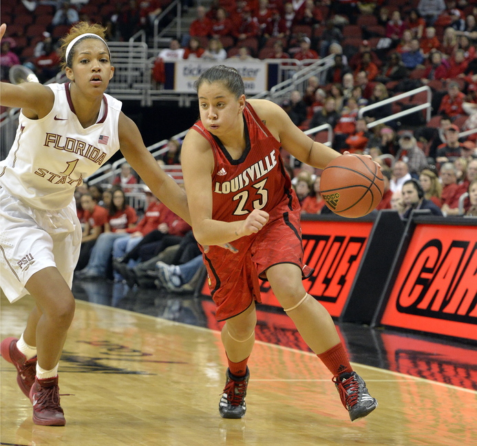 Louisville’s Shoni Schimmel, right, drives around the defense of Florida State’s Morgan Jones during a college basketball game Sunday in Louisville, Ky. In an effort to draw more fans, Louisville coach Jeff Walz offered a voucher for a free beer or soft drink to 2,500 fans legally old enough to drink at one recent game.