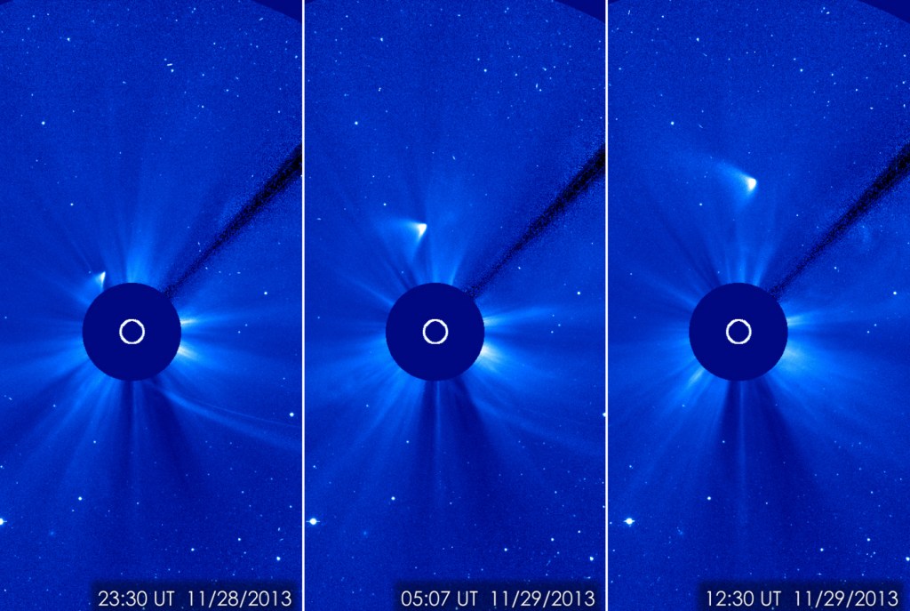In this combination of three images provided by NASA, Comet ISON appears as a white smear heading up and away from the sun on Thursday and Friday.