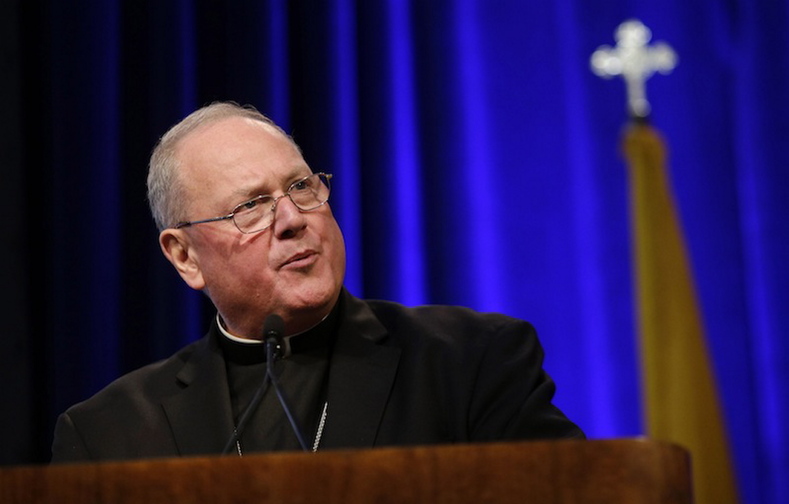 This Nov. 11, 2013 photo shows Cardinal Timothy Dolan, of New York, president of the United States Conference of Catholic Bishops, delivering remarks at the conference’s annual fall meeting in Baltimore. Dolan says the Roman Catholic Church has been “outmarketed” on the issue of gay marriage and has been “caricatured as being anti-gay.” Dolan discussed the church’s positions opposing same-sex marriage and abortion in an interview with “Meet the Press” moderator David Gregory that will air Sunday on NBC.