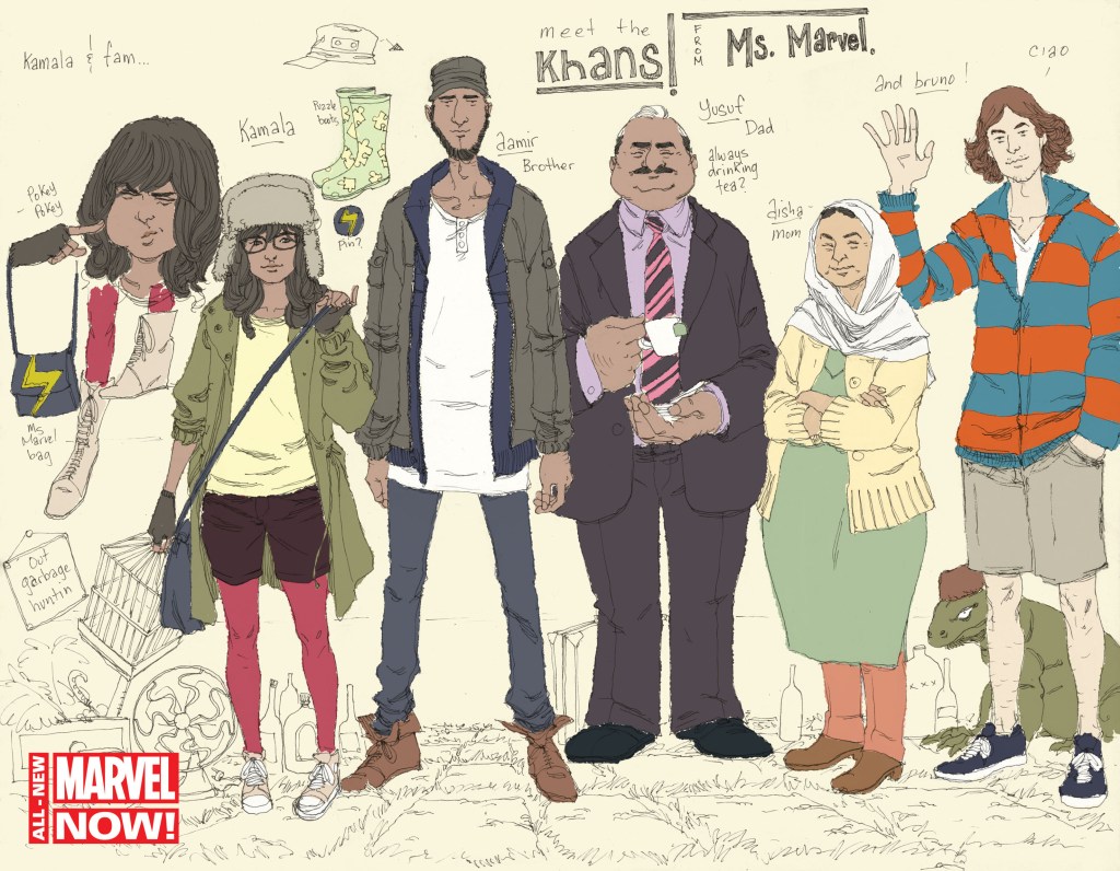 This comic book image released by Marvel Comics shows character Kamala Khan , second left, with her family Aamir, father Yusuf, mother Disha and friend Bruno, from the “Ms. Marvel” issue. The new monthly Ms. Marvel is debuting as part of the Company’s popular All-New Marvel NOW! initiative.