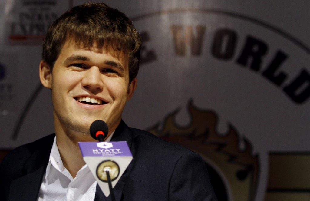 Norway’s Magnus Carlsen answers a question during a news conference after winning the match against India’s Viswanathan Anand during the Chess World Championship match in Chennai, India, on Friday.