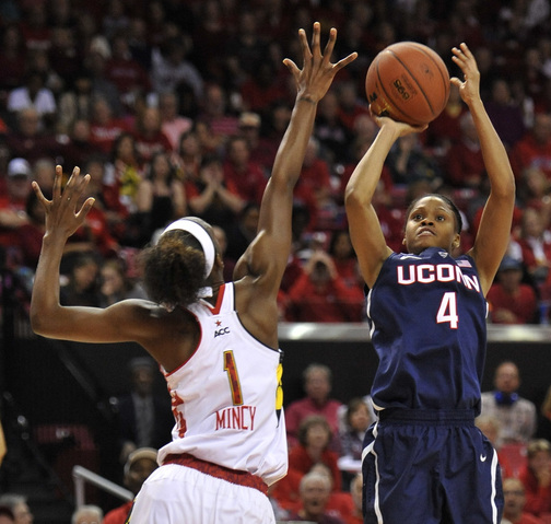 Connecticut’s Moriah Jefferson shoots over Maryland’s Laurin Mincy during the Huskies’ 72-55 win over the Terrapins at College Park, Md., on Friday night.