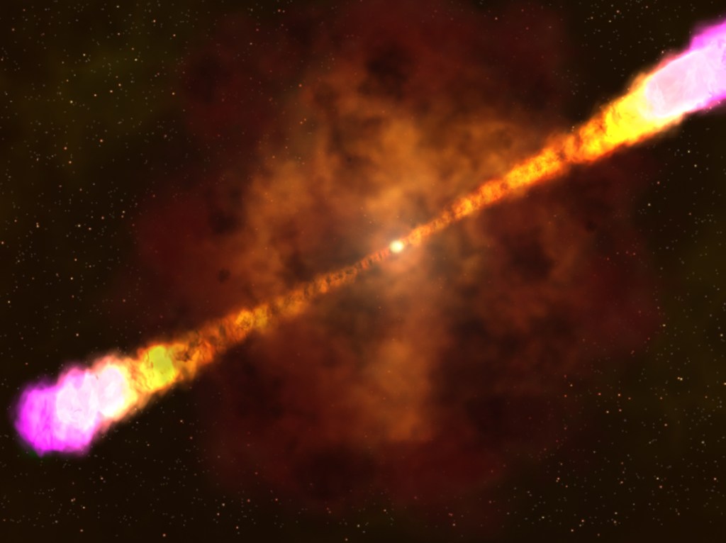 Image provided by NASA shows an artist’s rendering of how a gamma ray burst occurs when a massive star collapses and creates a black hole.