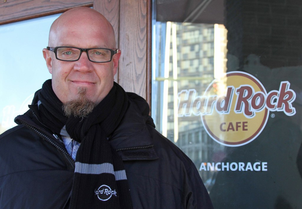 General manager Scott Brokaw poses outside the new Hard Rock Cafe under construction in Anchorage, Alaska.