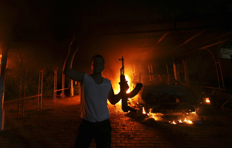 The U.S. Consulate in Benghazi, Libya, is seen in flames on Sept. 11, 2012, after armed gunmen attacked the compound.