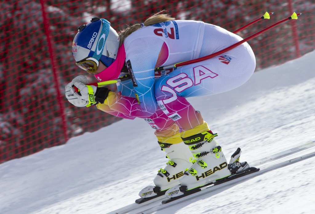 Lindsey Vonn speeds down the training course at the U.S. Ski Team training center at Copper Mountain, Colo., on Nov. 6. The reigning Olympic downhill champion crashed Tuesday while training and reinjured her right knee.