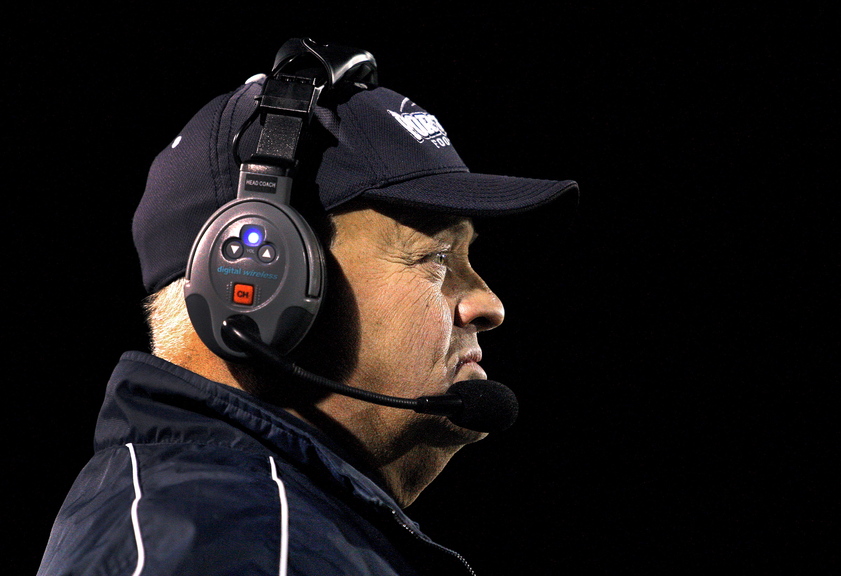 Jim Hartman, head coach of Portland's football team, looks on from the sidelines during his team's Eastern Class A football semifinal game vs. Windham at Fitzpatrick Stadium in Portland Friday, November 8, 2013.