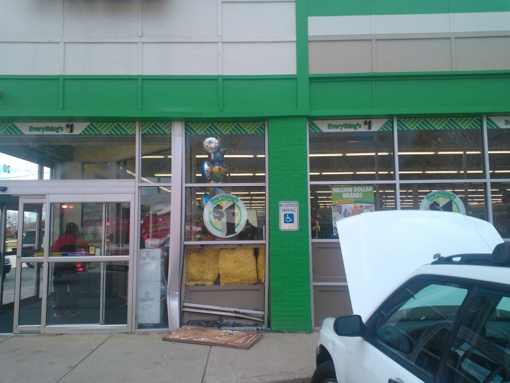 The front of the Dollar Tree store in Gray was damaged Friday when a car crashed into it.