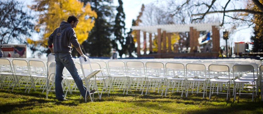 A workman makes preparations for a ceremony at Soldiers’ National Cemetery on Monday in Gettysburg, Pa. Tuesday marks the 150th anniversary of President Abraham Lincoln’s delivery of the Gettysburg Address on a still-smoldering Civil War battlefield. Jim Getty of Gettysburg, who performs as Abraham Lincoln, is ready to channel the nation’s 16th president at the anniversary event.