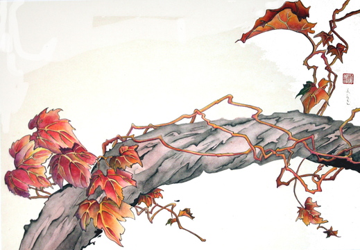 “Autumn Vine,” Asian brush by Jean Kigel, from “Sayonara,” the exhibition of Kigel’s work continuing through November at Summer Island Studio, 149 Maine St., in Brunswick.