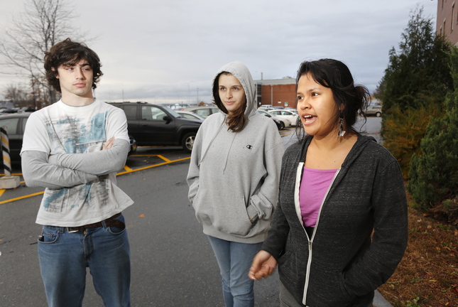 Southern Maine Community College students talk about the idea of a “Pay It Forward” model Thursday in South Portland. From left, they are: Nicholas Gallup of Falmouth, Payton Bourne of Holderness, N.H., and Adeleana Bayreuther of Readfield.