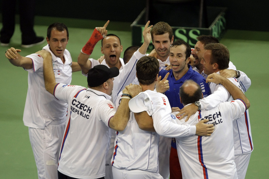 Members of the Czech national tennis team celebrate after they won the Davis Cup Finals in Belgrade, Serbia, on Sunday. The Czech Republic defeated Serbia 3-2.