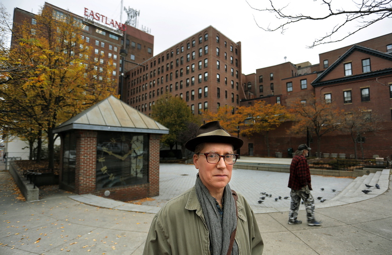 Frank Turek, president of the Friends of Congress Square Park, poses for a portrait Thursday in Congress Square Park.