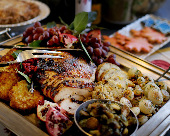 A Thanksgivukkah spread prepared at Aurora Provisions in Portland brings food traditions from Hanukkah to Thanksgiving, which converge this year and won’t again for another 79,043 years.