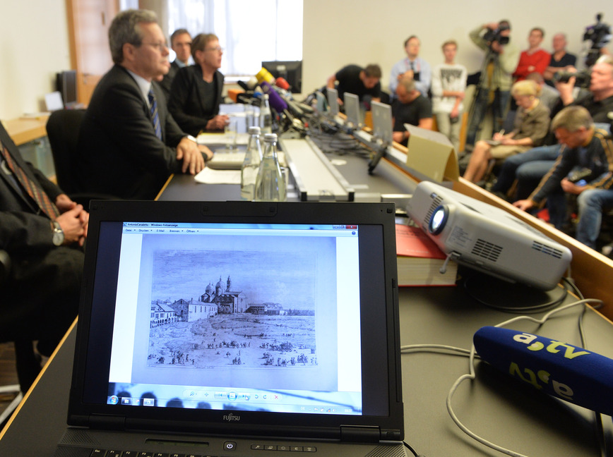 Antonio Canaletto’s painting is shown on a computer screen during a Tuesday news conference in Augsburg, Germany, as authorities discuss art found last year in a Munich apartment that likely had been stolen during the 1930s by Nazis.