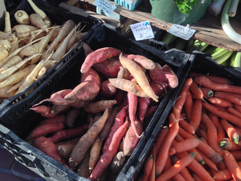 Maine-grown sweet potatoes at the farmers market.