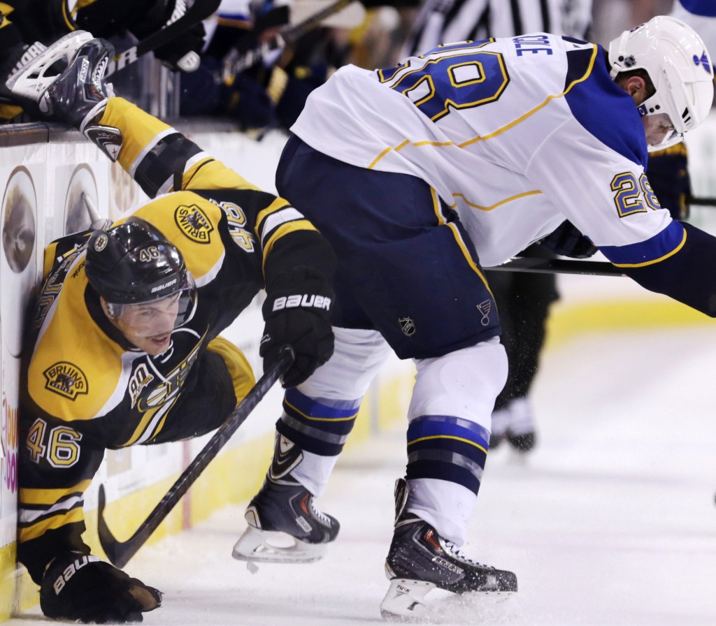 St. Louis Blues defenseman Ian Cole upends Boston Bruins center David Krejci during the second period of Thursday night’s game in Boston, won by the Blues.