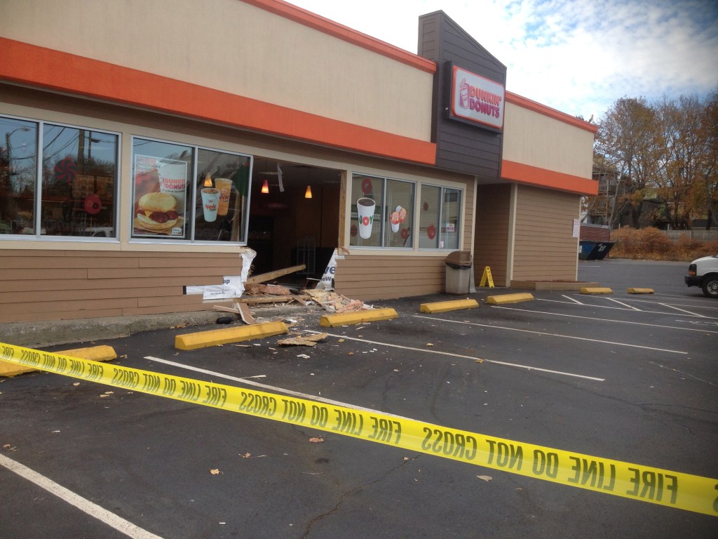An early morning accident at the Dunkin’ Donuts at Woodfords Corner in Portland left a gaping hole in the building. The driver was taken to the hospital but no one inside the coffee shop was injured.