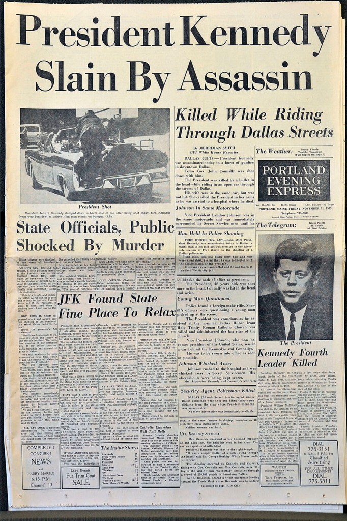 Gordon Chibroski/Staff Photographer . Wednesday, November 13, 2013. Copy shots of Press Herald and Evening Express pages concerning the shooting of President John F. Kennedy.