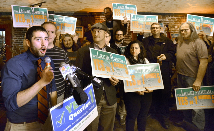 David Boyer, Maine political director of the Marijuana Policy Project, speaks at Portland’s “Yes on 1” rally as they celebrate victory at Brian Boru in Portland.