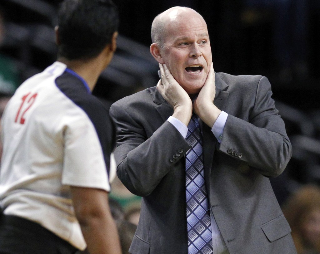 Charlotte Coach Steve Clifford, a Lincoln native who played at the University of Maine at Farmington, talks with referee Violet Palmer during the second half of the game against the Celtics.