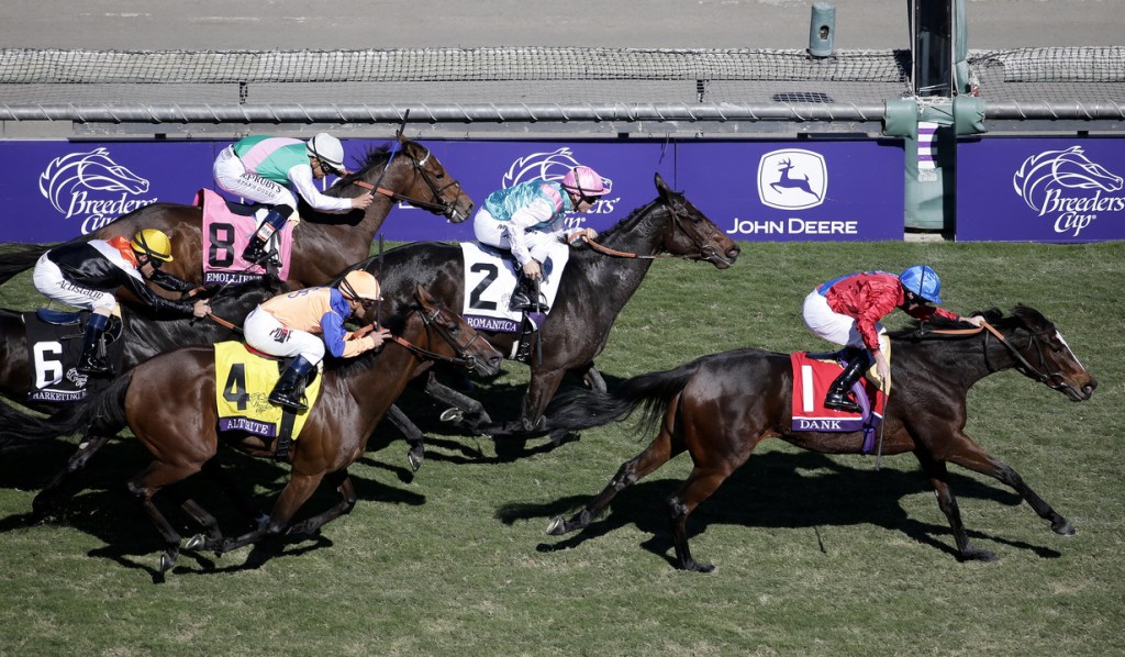 Dank, right, with jockey Ryan Moore aboard crosses the finish line and wins the Breeders’ Cup Filly & Mare Turf horse race at Santa Anita Park Saturday, Nov. 2, 2013, in Arcadia, Calif.