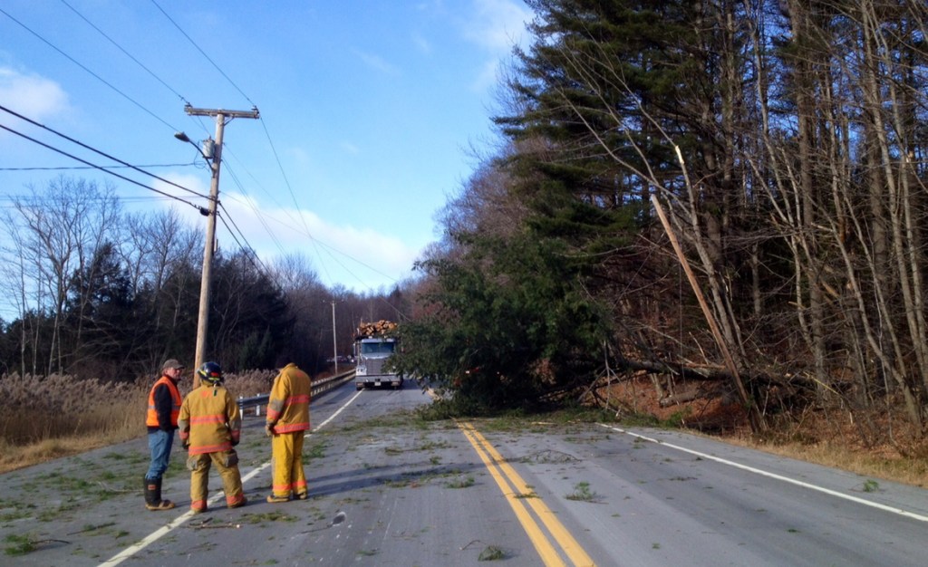 A crew from the Moscow Fire Department stands by a downed tree and guide wires that were blocking both lanes of traffic on Route 201 in Moscow Sunday morning.