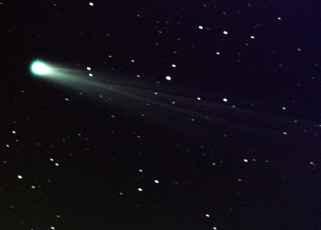 Comet ISON’s tail is seen in this three-minute exposure taken last week from the Marshall Space Flight Center in Huntsville, Ala. If the comet survives its close encounter with the sun, it could put on a nice show in December. Earthlings are not in danger, scientists say.