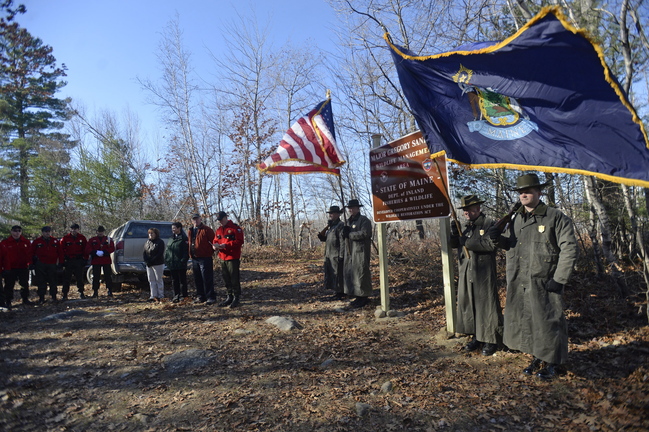 The former Brownfield Bog is renamed the Maj. Gregory Sanborn Wildlife Management Area during a Nov. 13 ceremony attended by, among others, the Maine Department of Inland Fisheries and Wildlife Advisory Council and the Maine Warden Service.