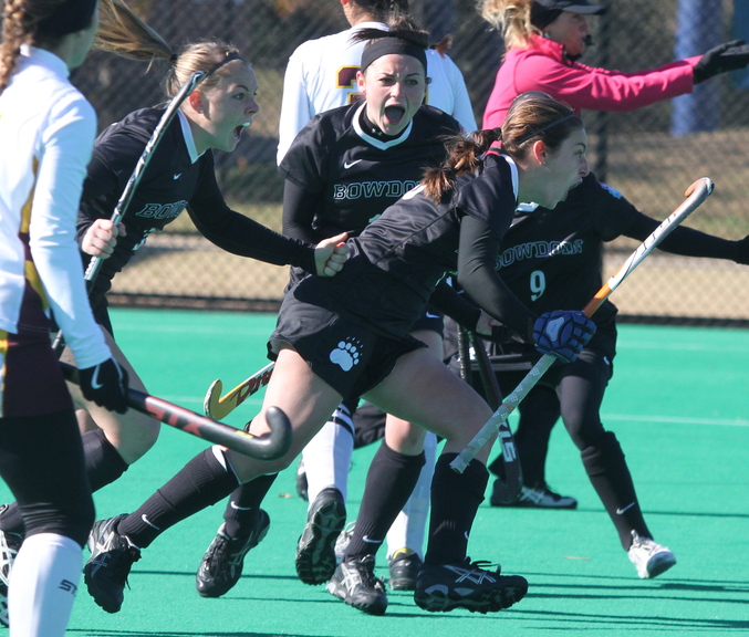 Bowdoin celebrates their first and only goal against Salisbury State in the NCAA Division III championship in Norfolk, Va. Bowdoin won 1-0.