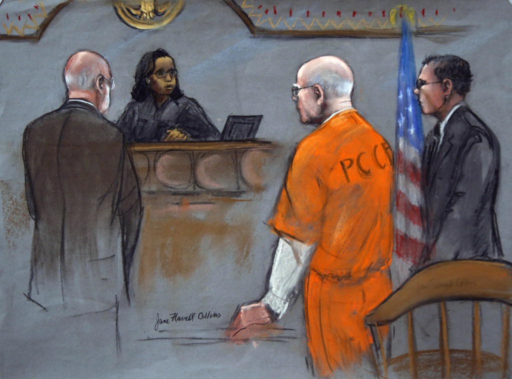 In this courtroom sketch, former Boston crime boss James “Whitey” Bulger, second right, flanked by defense attorneys, J.W. Carney Jr., left, and Hank Brennan, stands before Judge Denise Casper in federal court in Boston on Thursday. Bulger was sentenced Thursday to life in prison for his murderous reign in the 1970s and ‘80s, bringing to a close a case that exposed FBI corruption so deep that many people across the city thought he would never be brought to justice.