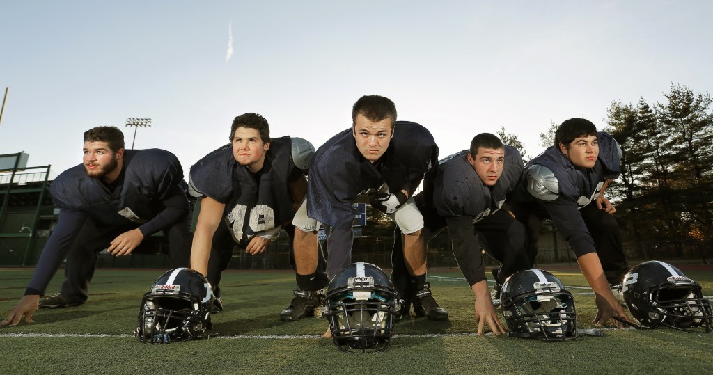 The Portland High offensive linemen may have a huge say in who wins the Eastern Class A final Saturday against Cheverus. From left: tackle Dominic DiMillo, guard Luigi Grimaldi, center Stephen Walsh, guard Josh Sullivan, tackle Jake Dutton.