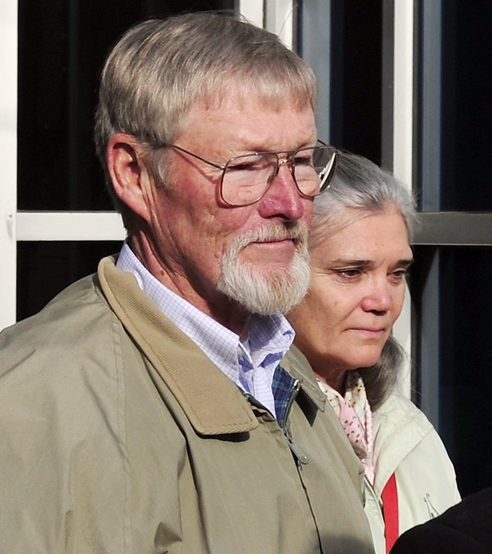 Merrill Kimball of Yarmouth and his wife, Karen Thurlow-Kimball, leave the courthouse Thursday after he was arraigned in Cumberland County Unified Criminal Court for shooting and killing Leon Kelley of Georgetown. He is out on bail until his trial.