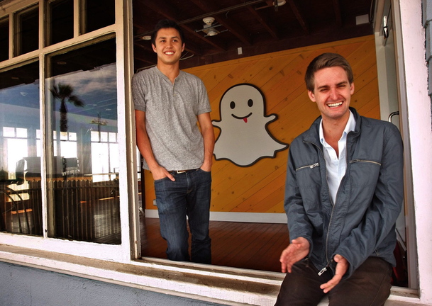 Bobby Murphy, 24, left, and Evan Spiegel, 22, co-creators of Snapchat, pose for a portrait at the company’s offices in Venice, Calif. Snapchat is a mobile app that allows users to capture videos and pictures that self-destruct after a few seconds.