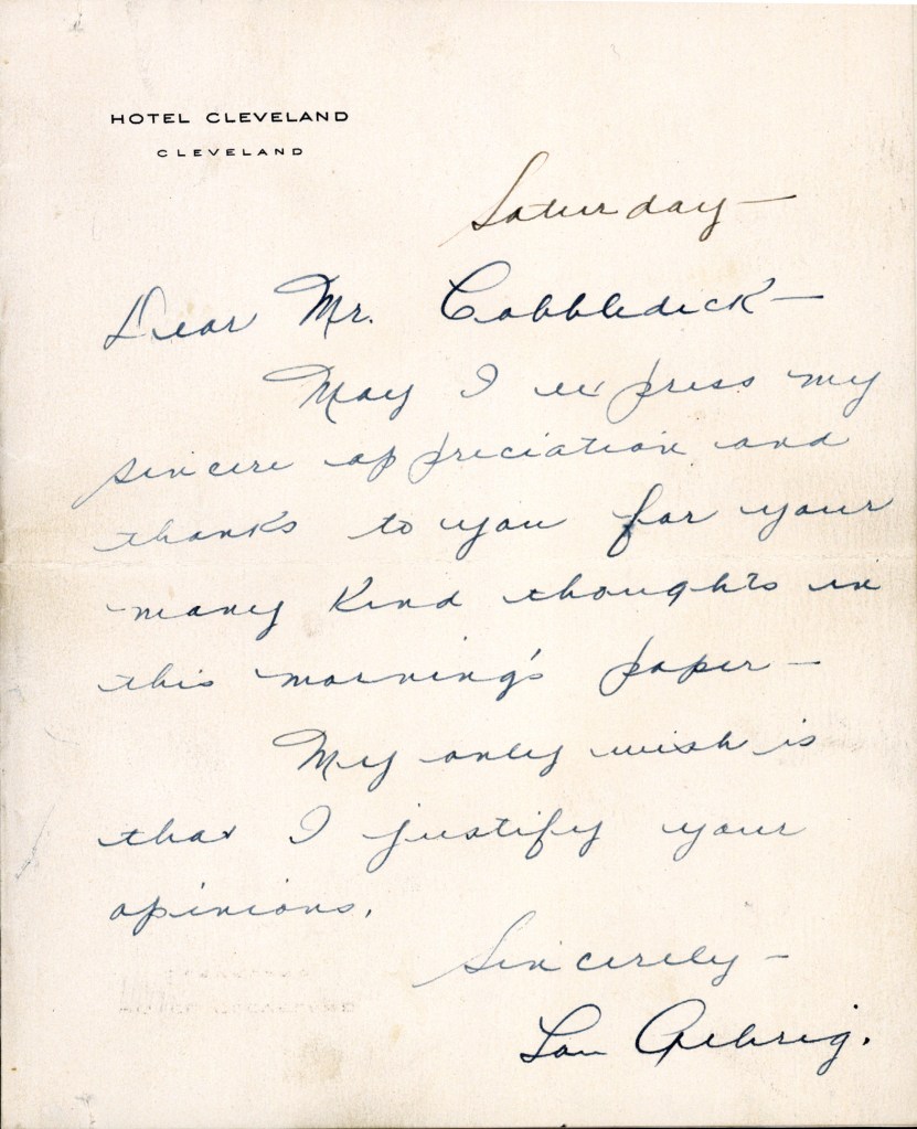 This image provided by the Baseball Hall of Fame shows a letter written by Lou Gehrig on Hotel Cleveland stationary to sportswriter Gordon Cobbledick.
