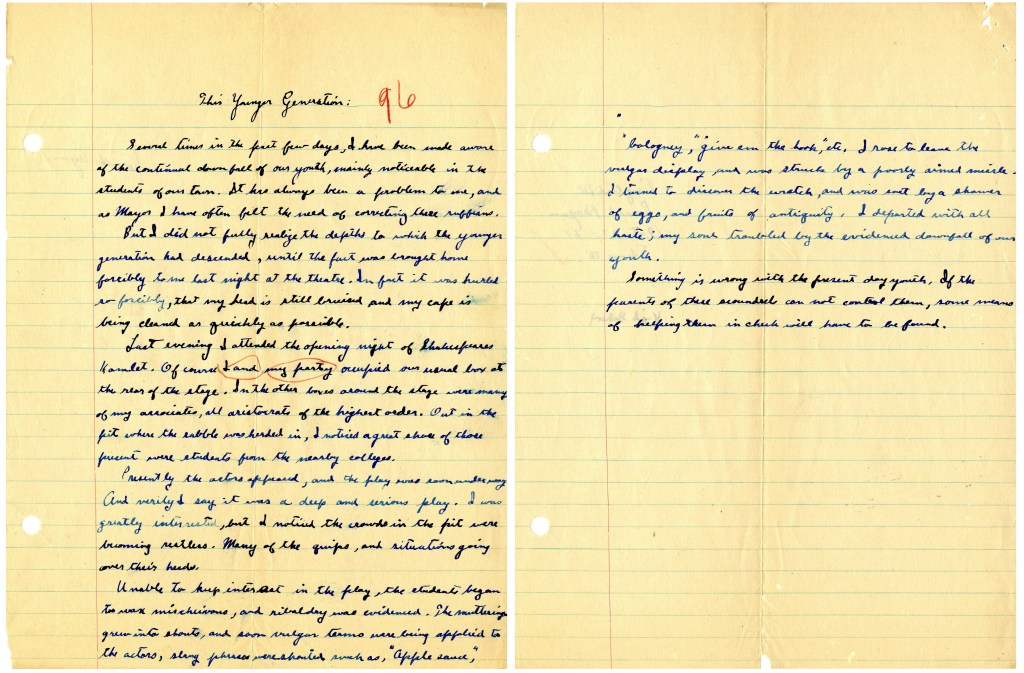 This image provided by the Ronald Reagan Presidential Library shows a two-page essay written by Ronald Reagan titled “This Younger Generation” written on Oct. 27, 1927, during his senior year in high school.