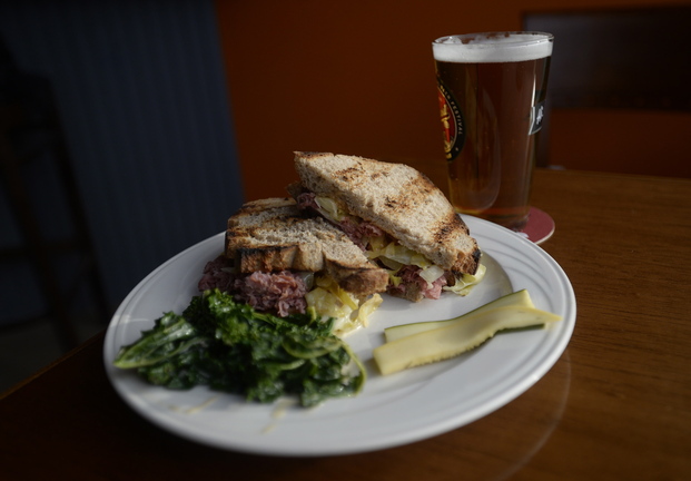 A classic reuben served with a Narragansett beer.