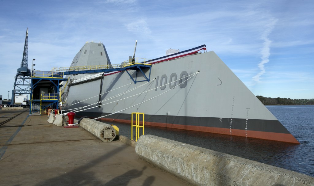 The Navy’s Zumwalt stealth destroyer is moored at Bath Iron Works, in Bath. The skipper of the technology-laden Zumwalt is Capt. James Kirk, and his futuristic-looking vessel sports cutting-edge technology, new propulsion and powerful armaments.