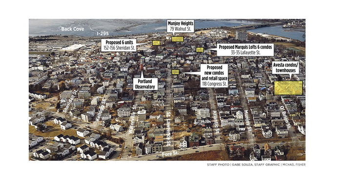 Proposed housing projects are scattered around Munjoy Hill in Portland's East End.