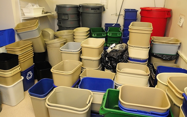 Dozens of wastebaskets are some the items on display as Centurion workers prepare Wednesday for this weekend’s public sale at the former MaineGeneral Medical Center in Augusta.
