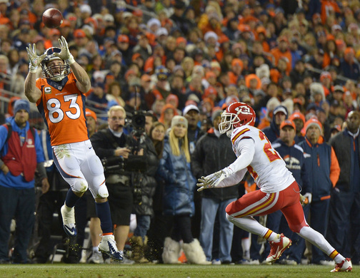 Denver Broncos wide receiver Wes Welker (83) catches a pass against the Kansas City Chiefs in the second quarter of an NFL football game, Sunday, Nov. 17, 2013, in Denver.