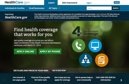 A screen image shows the current homepage of the HealthMaine.gov website. Todd Park, the White House chief technology officer, says the website can now handle about 17,000 account registrations an hour.