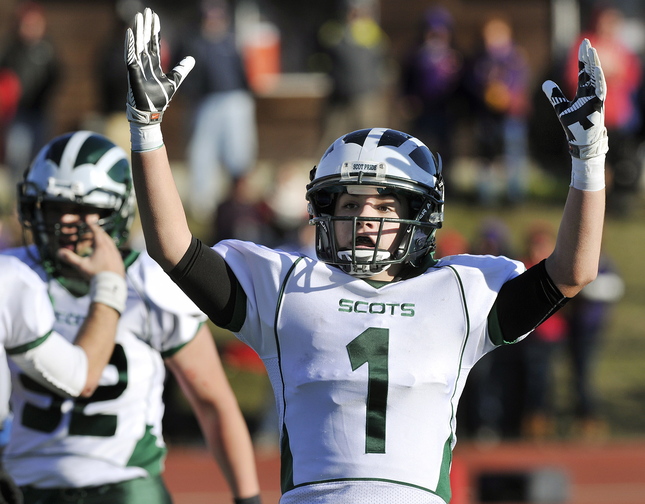 Antonio Bruni reacts after his team’s quarterback, Zach Dubiel, scored on a 6-yard run on fourth down – the winning points as Bonny Eagle captured the Class A title.