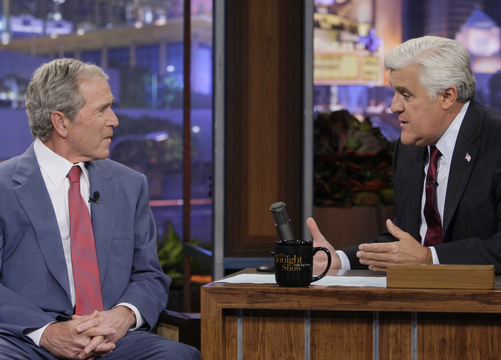 Former president George W. Bush appears with Jay Leno on “The Tonight Show.”