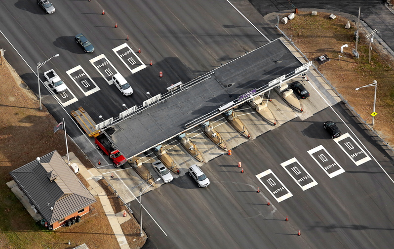 Toll booths in Scarborough at the entrance to Interstate 295 are seen in this aerial photograph taken Thursday.